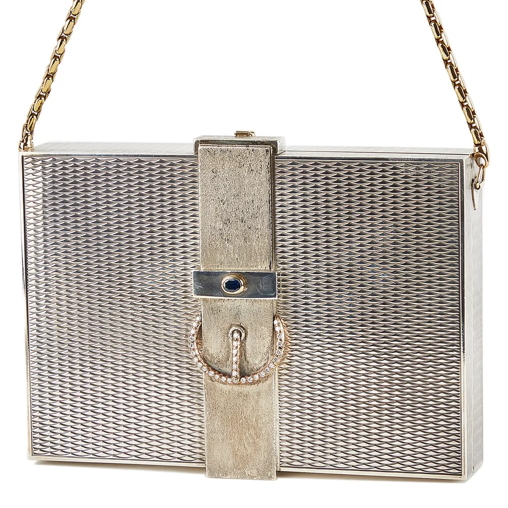 HERMÈS Vintage Sterling Silver Chain Box evening bag with Diamond 