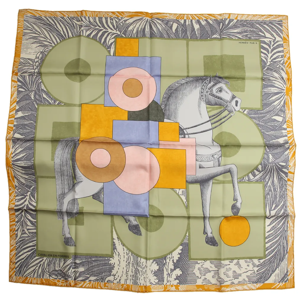 HERMÈS Carre 90 Cavalier en Formes in Green and Yellow Silk