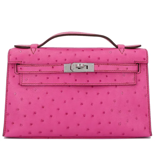 Herm s ostrich kelly pochette handbag in fuchsia with palladium hardware