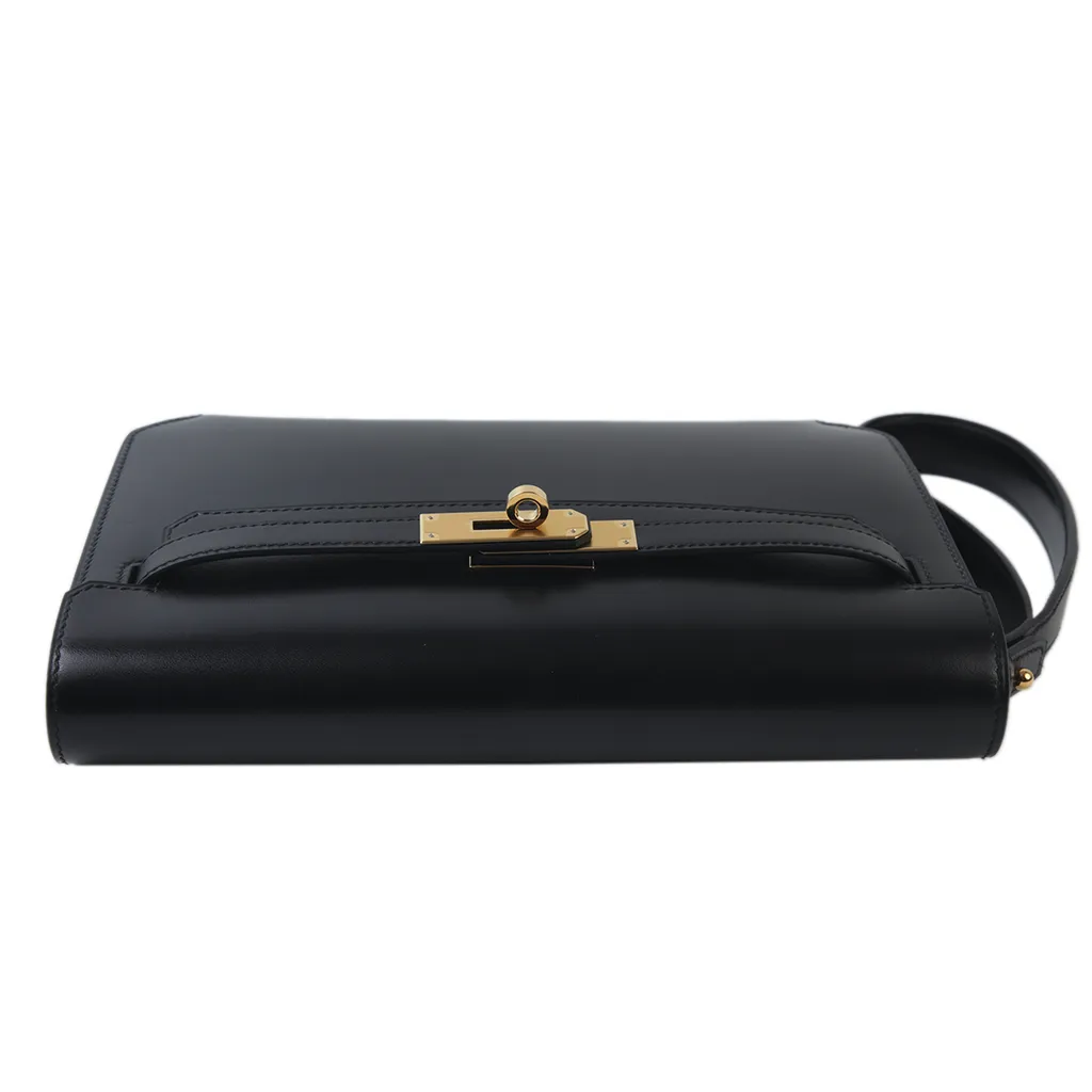 HERMÈS Kelly Depeche 25 Clutch in Black Box calfskin with Gold hardware