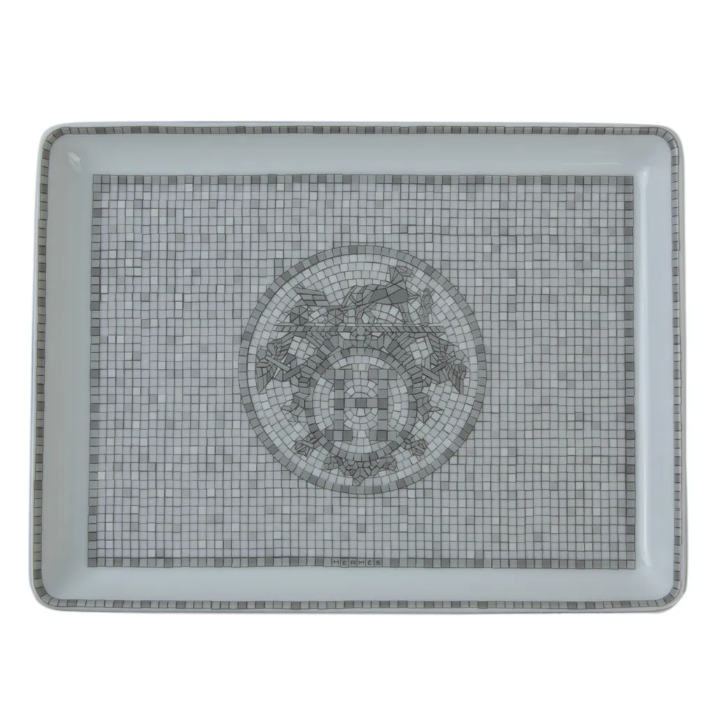 HERMÈS Mosaique au 24 platinum tray in Silver with Porcelain