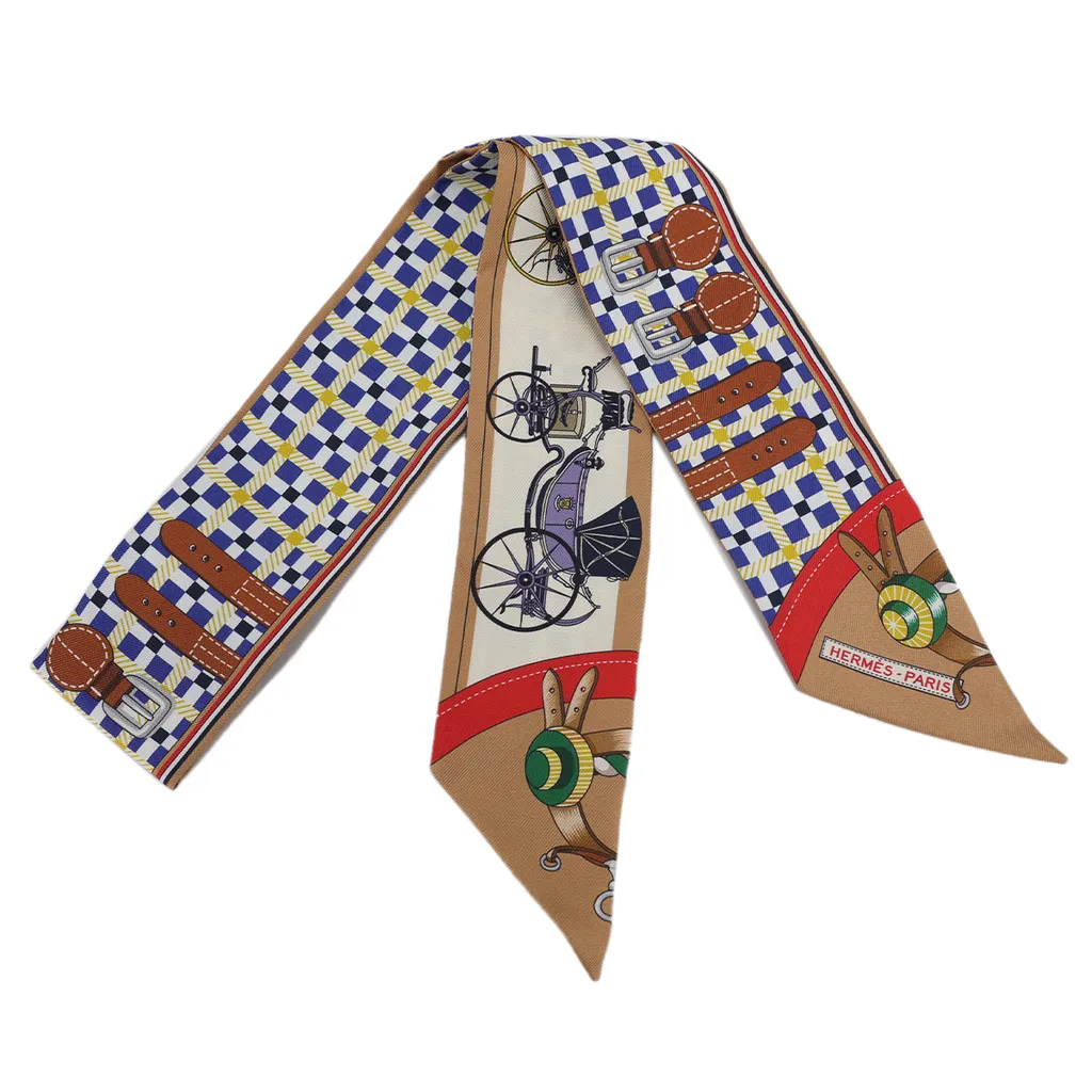 ランク N 新品 HERMÈS エルメス ツイリー 馬車の変還 ブラウン シルク 