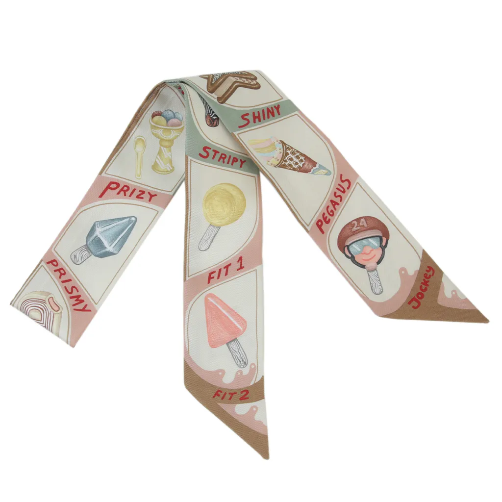 Brand New ( Rank N ) HERMÈS Twilly Funny Ice cream Beige Silk