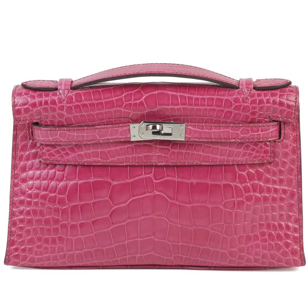 Good ( Rank AB) HERMÈS Kelly Pochette Rose Tyrien (E5) Shiny Alligator  Palladium hardware Square M (2009)