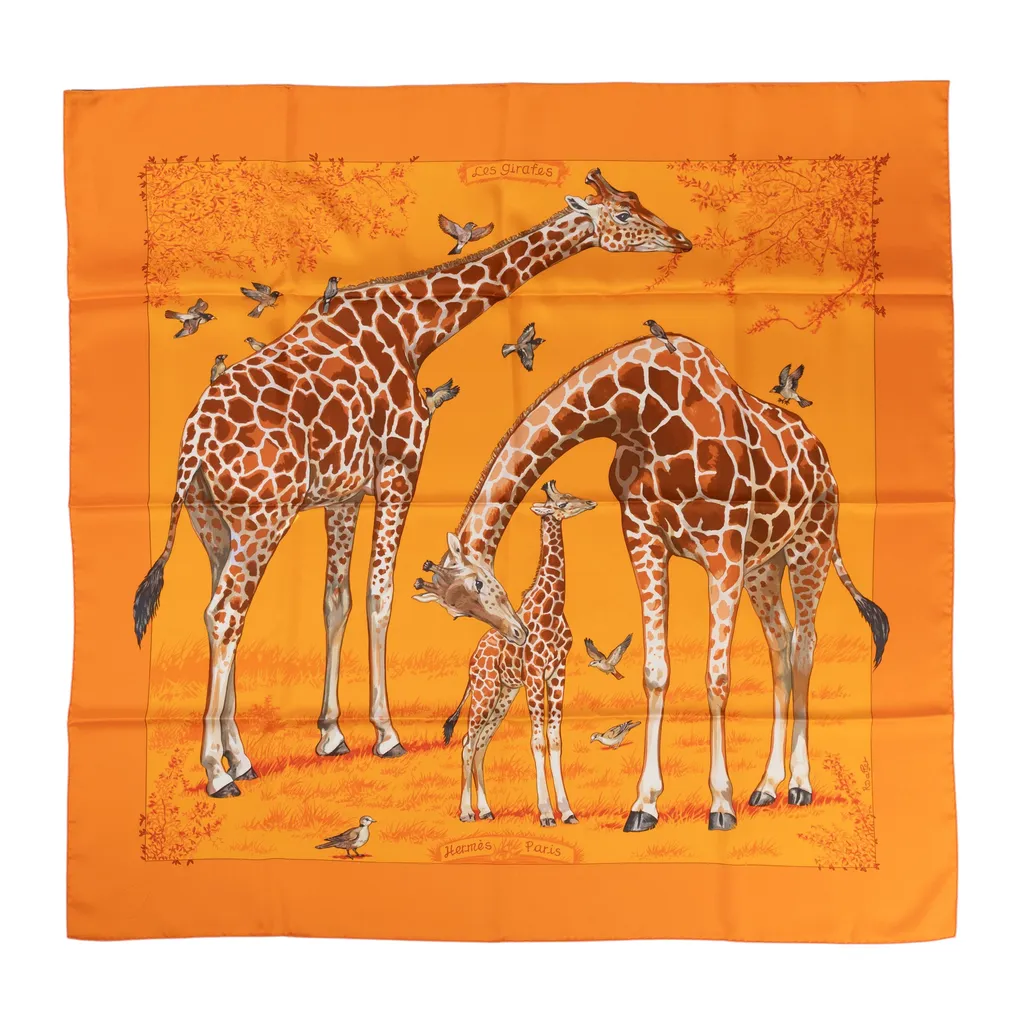 ランク NS 未使用品 HERMÈS エルメス カレ90 キリン オレンジ シルク