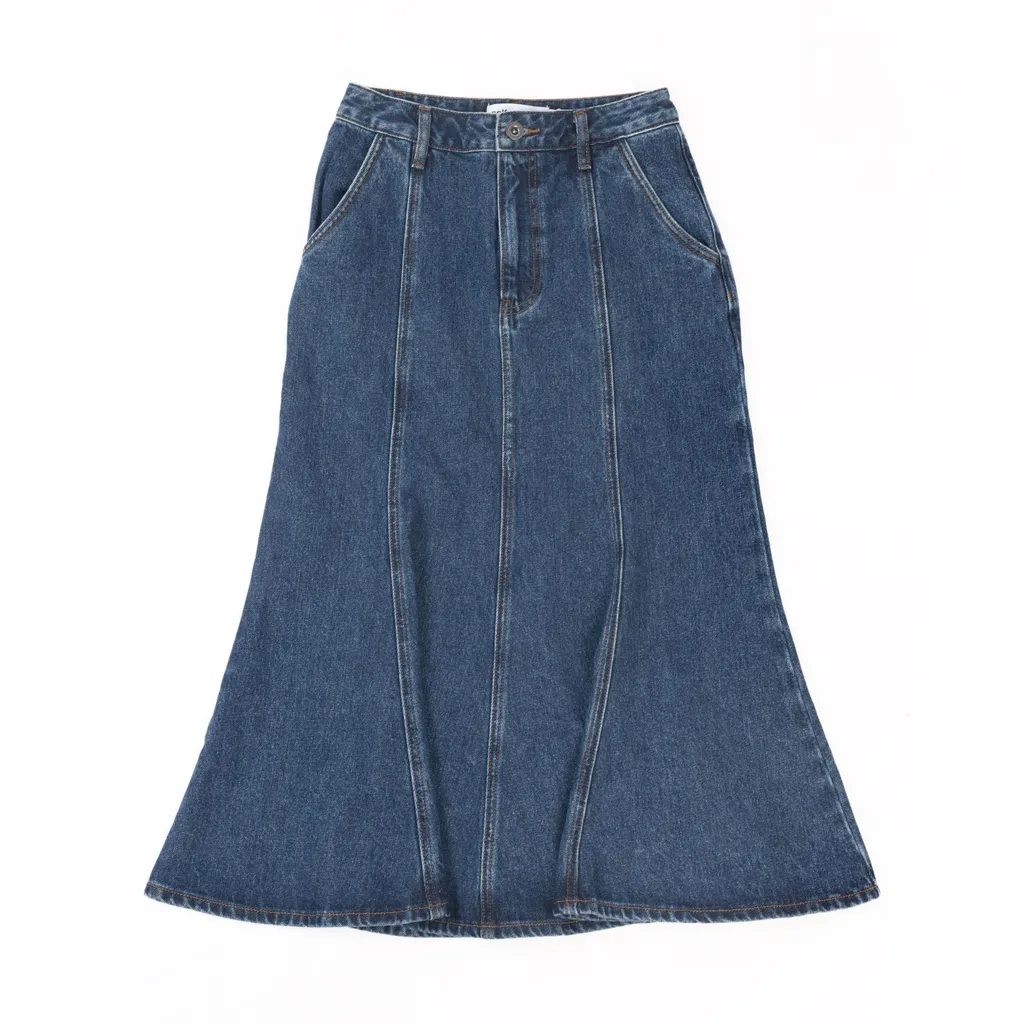 SELF-PORTRAIT flared denim midi skirt ブルー