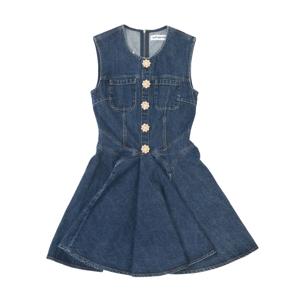 SELF-PORTRAIT Denim Skater Mini Dress ブルー