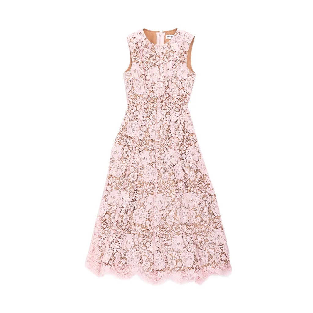 SELF-PORTRAIT Pink Flower Lace Midi Dress Pink