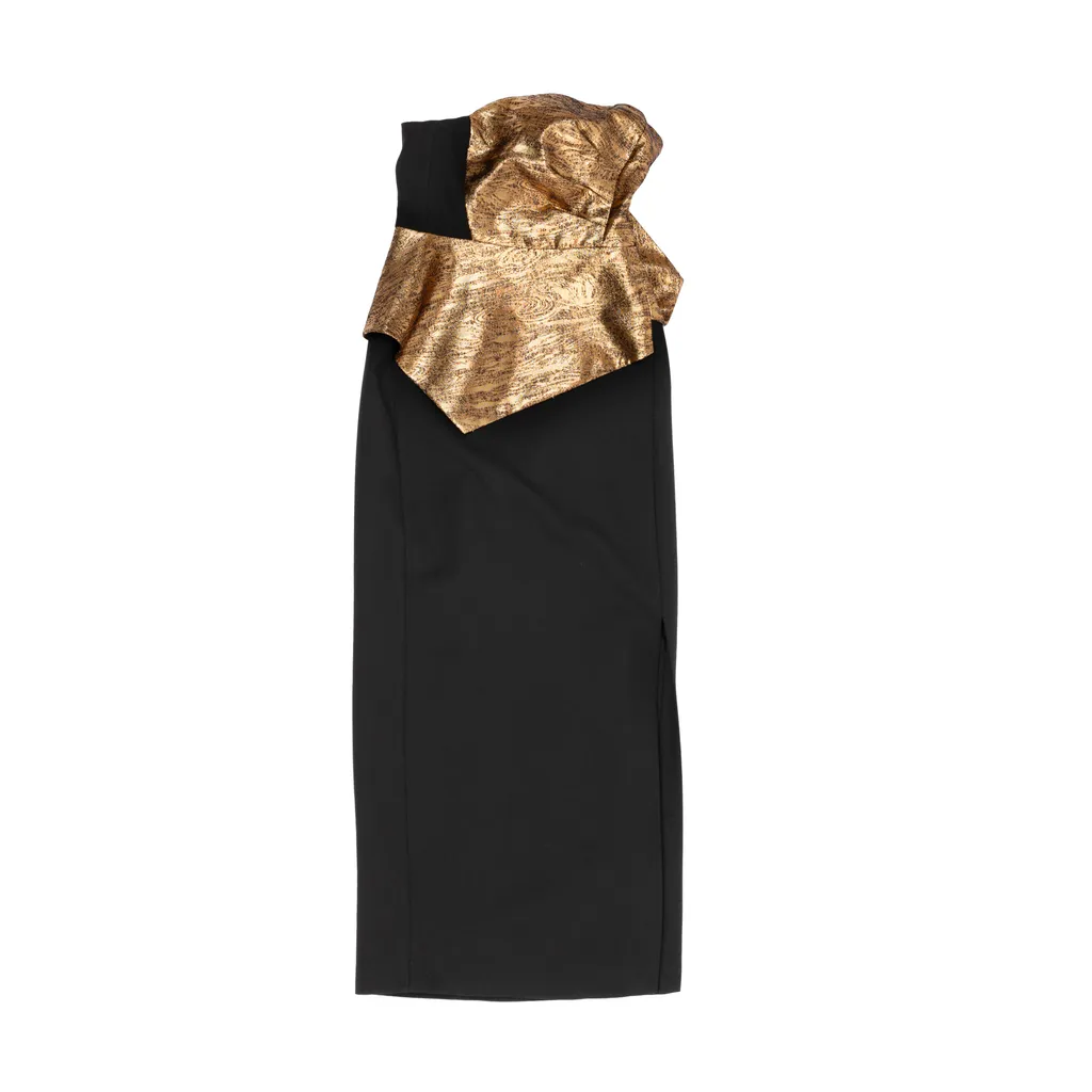 Karen Millen Compact Stretch Jacquard Peplum Detail Midaxi Dress Gold Black