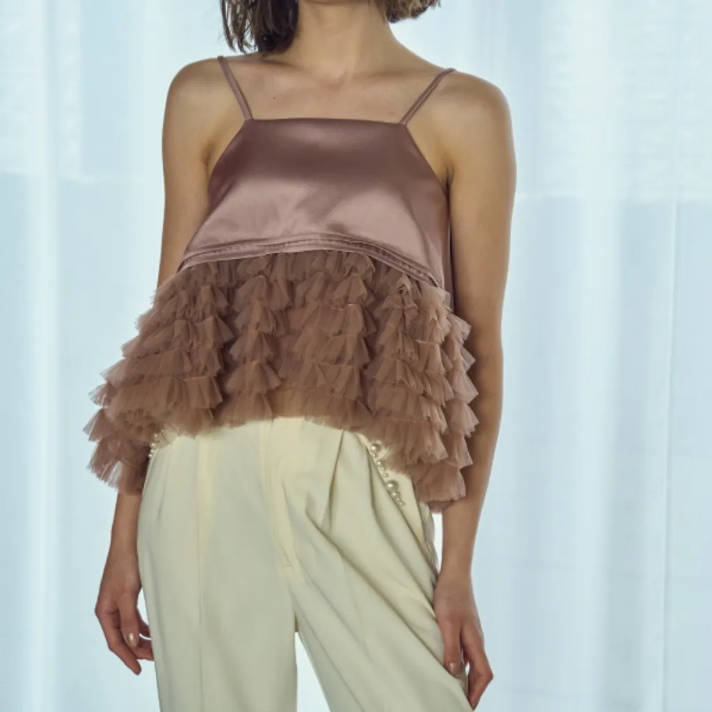 ERADIE Tulle Tiered Satin Camisole Top Pink