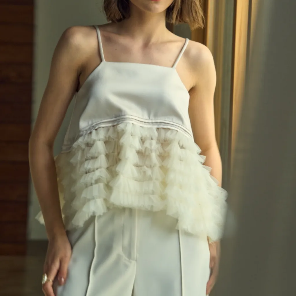 ERADIE Tulle Tiered Satin Camisole Top Ecru