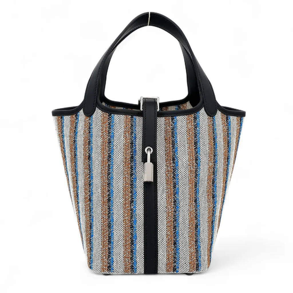 Picotin Lock PM Checkered Black (89) Fauve (34) Bleu Zanzibar (B3) Ecru