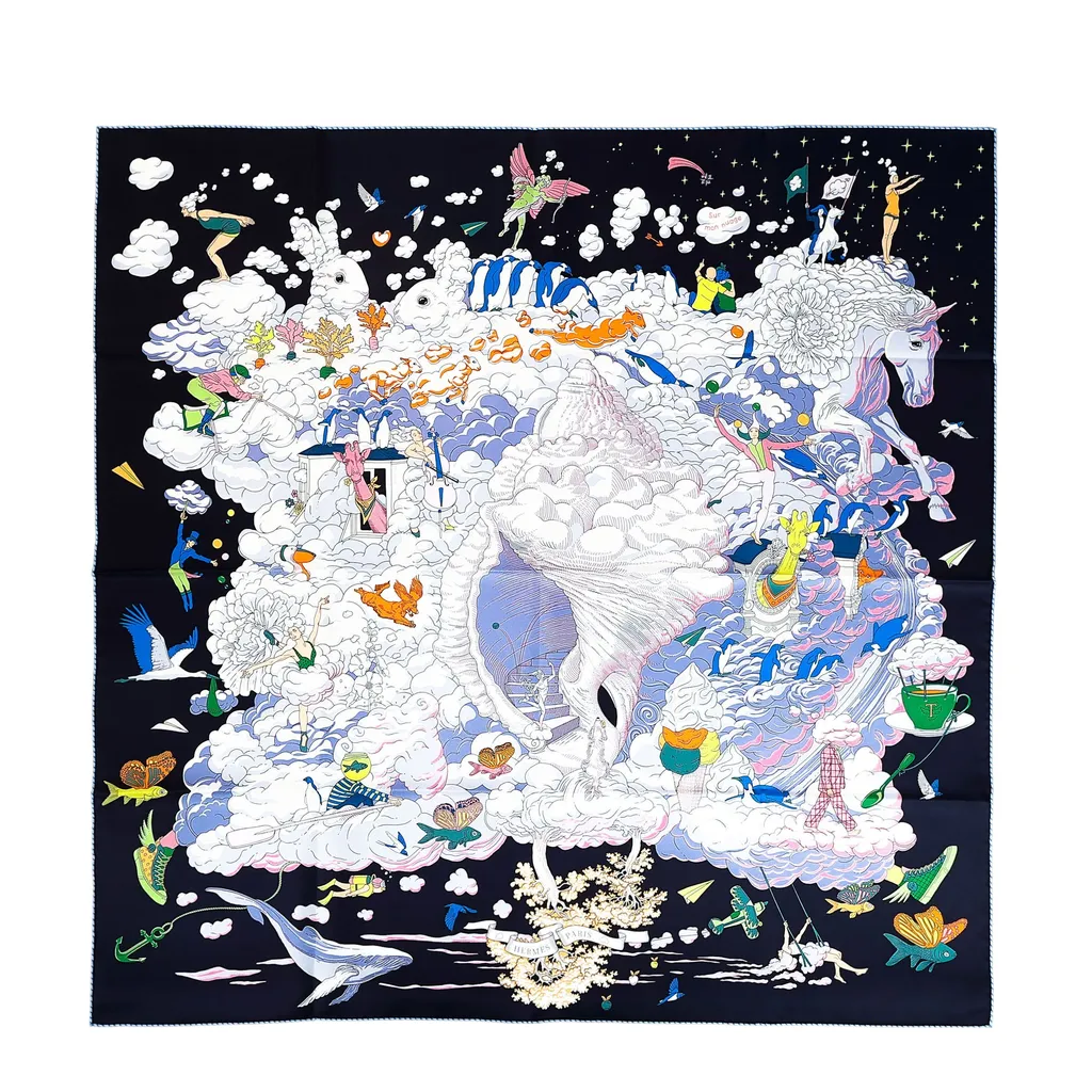Carre 90 方巾 Sur Mon Nuage 白色 黑色